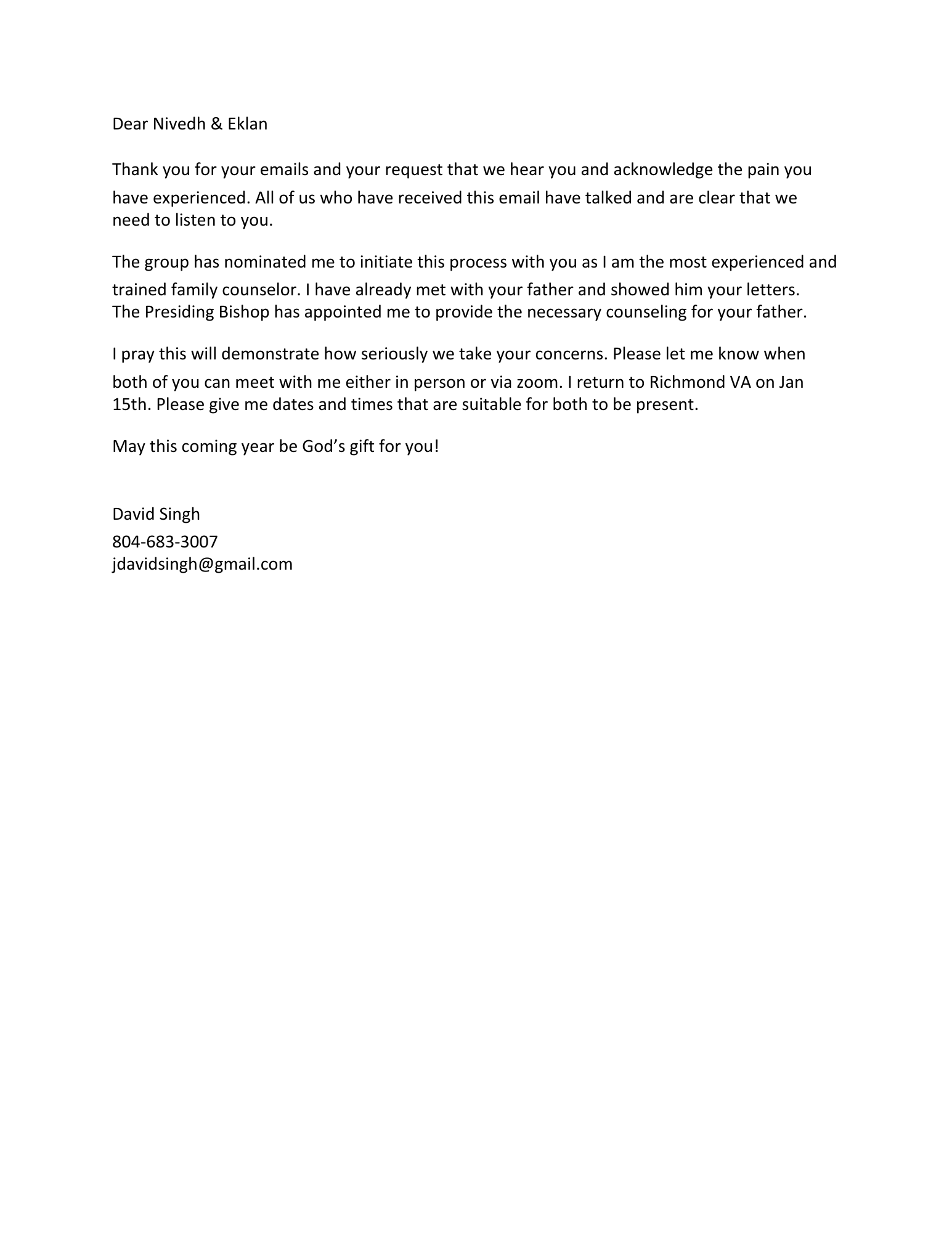 David Singh's letter to Nivedhan and Eklan