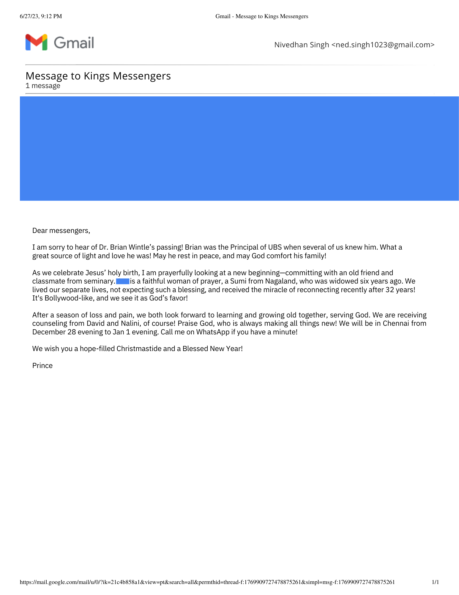December 1st, 2022 email from Bishop Singh