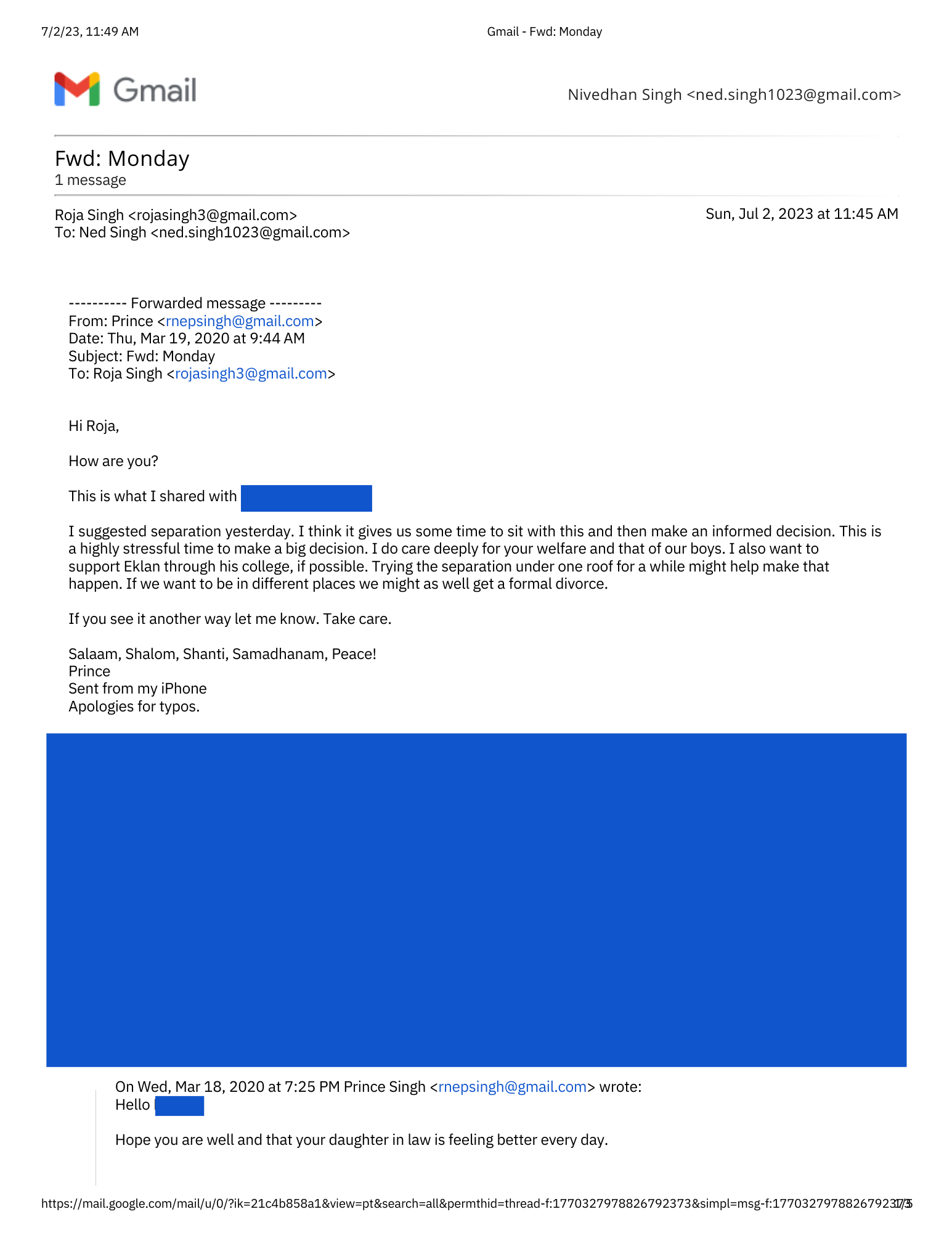 March 16th, 2020 email from Bishop Singh - Page 1