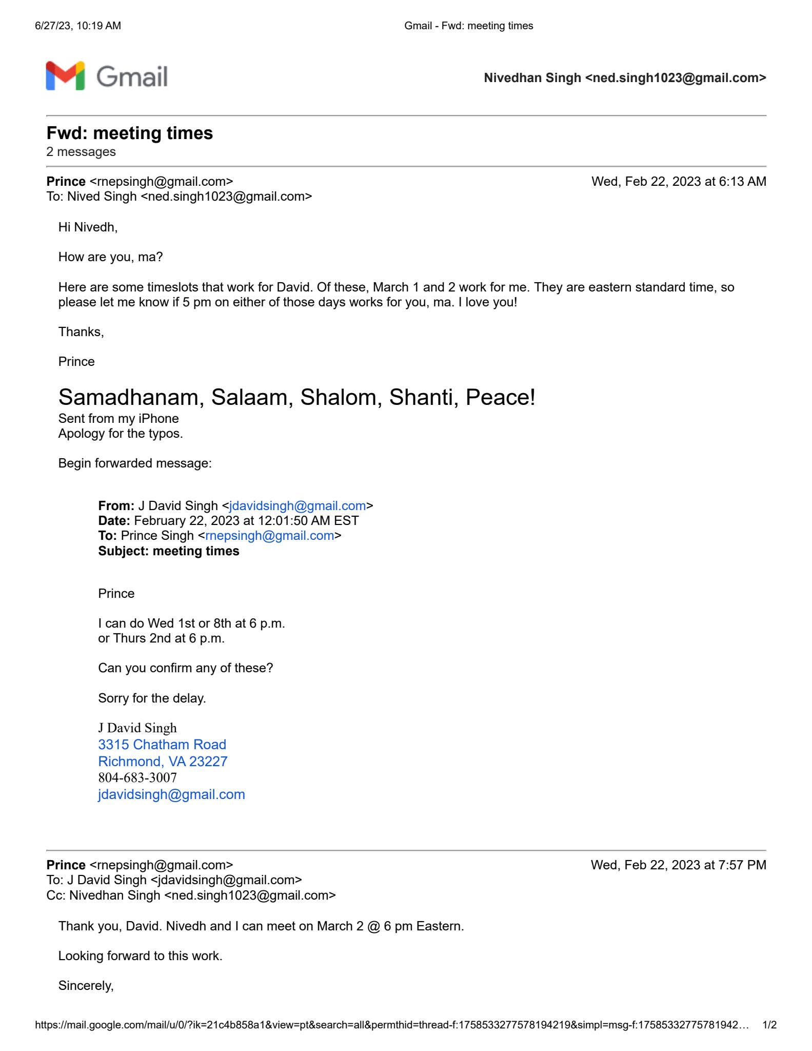 Emails confirming time for session - Page 1