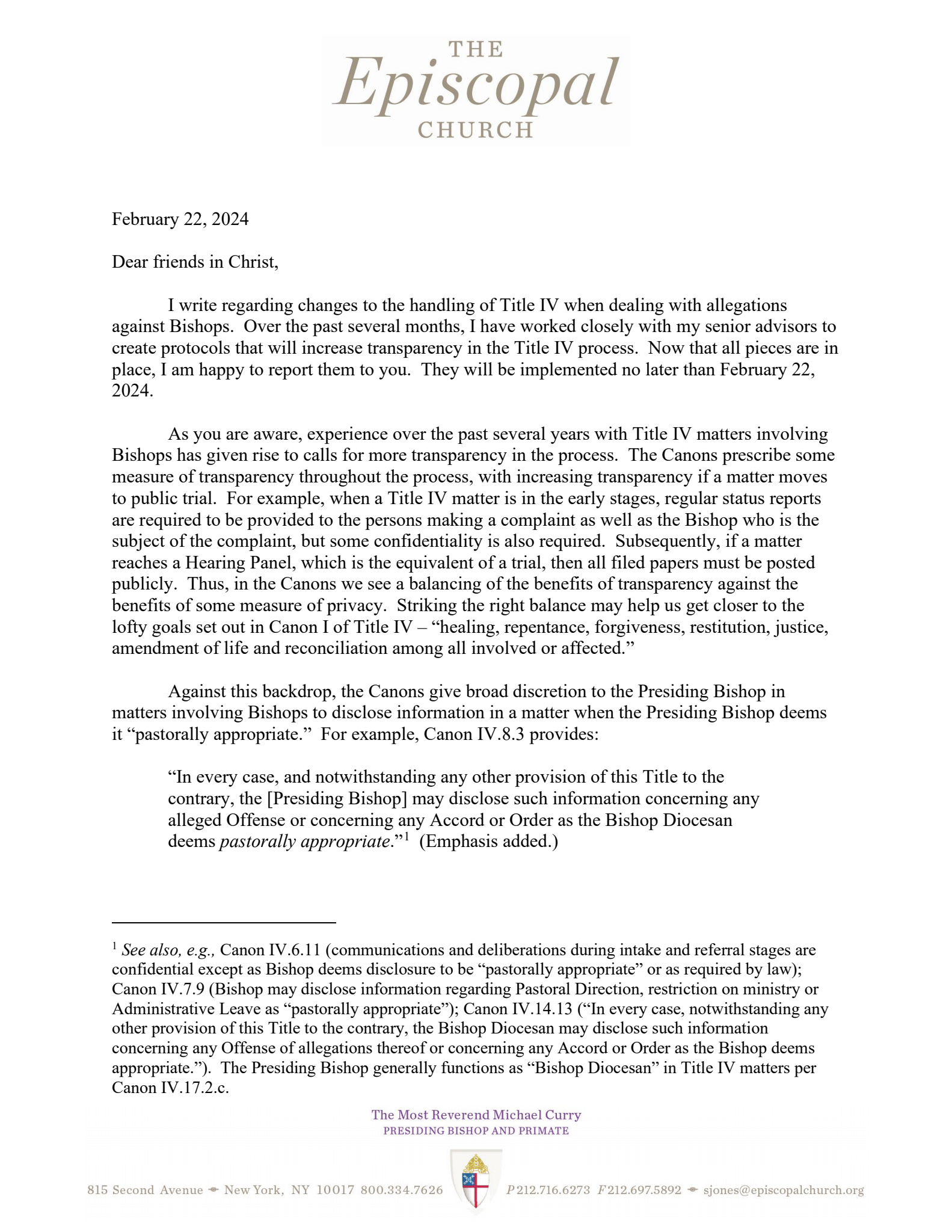 February 22, 2024 letter from Presiding Bishop Curry - Page 1