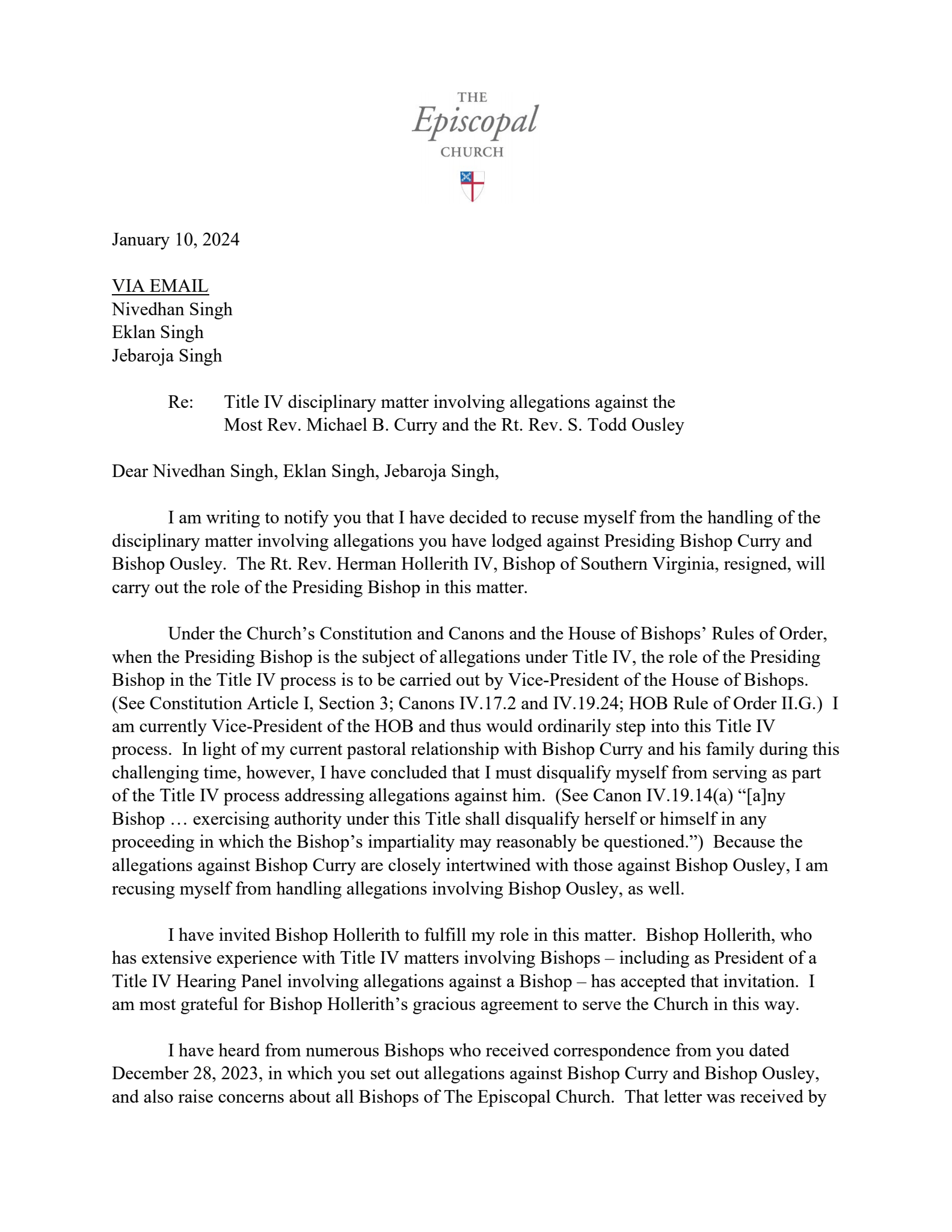 January 10, 2024 letter from Rt. Rev. Mary Gray-Reeves - Page 1