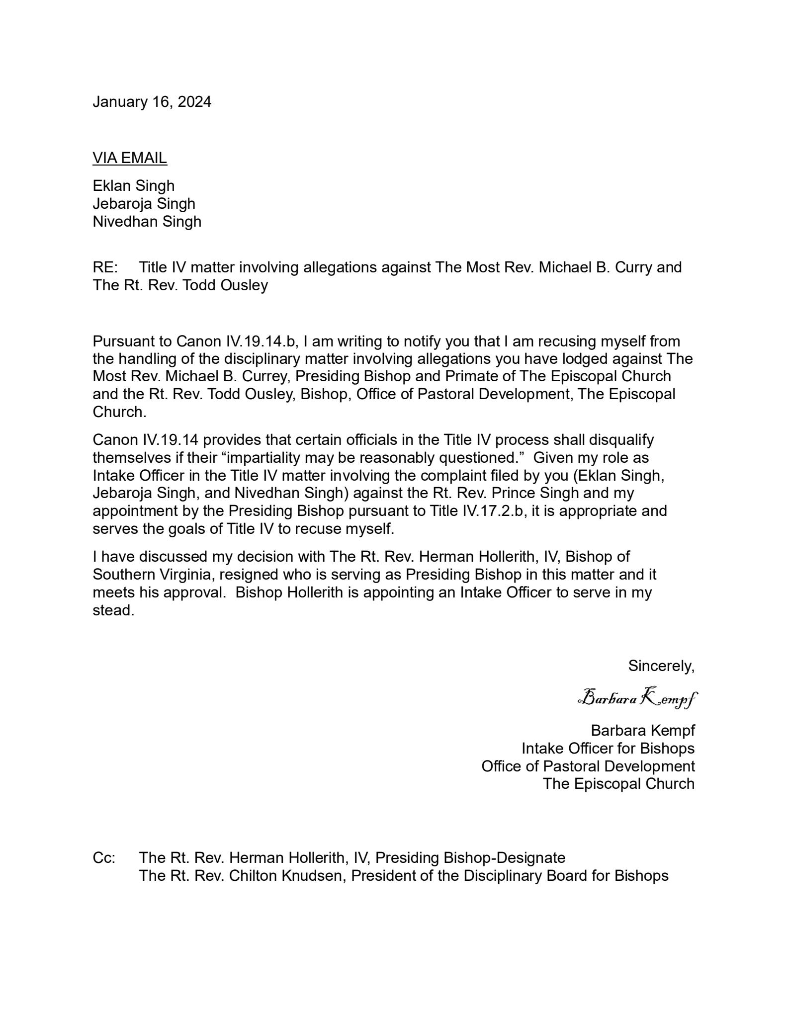January 16, 2024 letter from Rev. Barbara Kempf