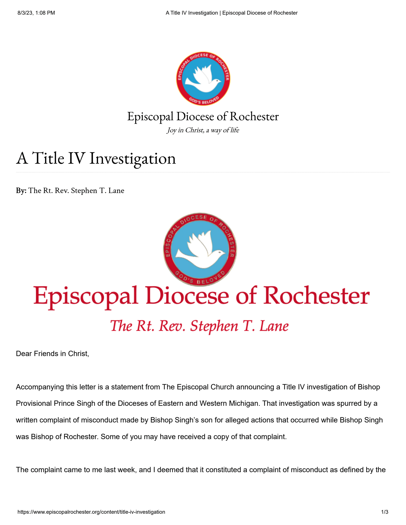 Bishop Lane's announcement to Episcopal Diocese of Rochester - Page 1