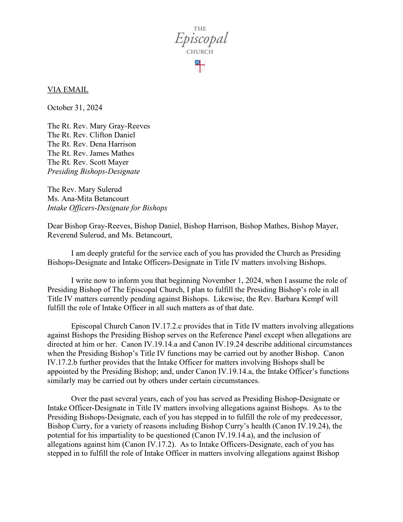 October 31, 2024 letter from Presiding Bishop-Elect Rowe - Page 1